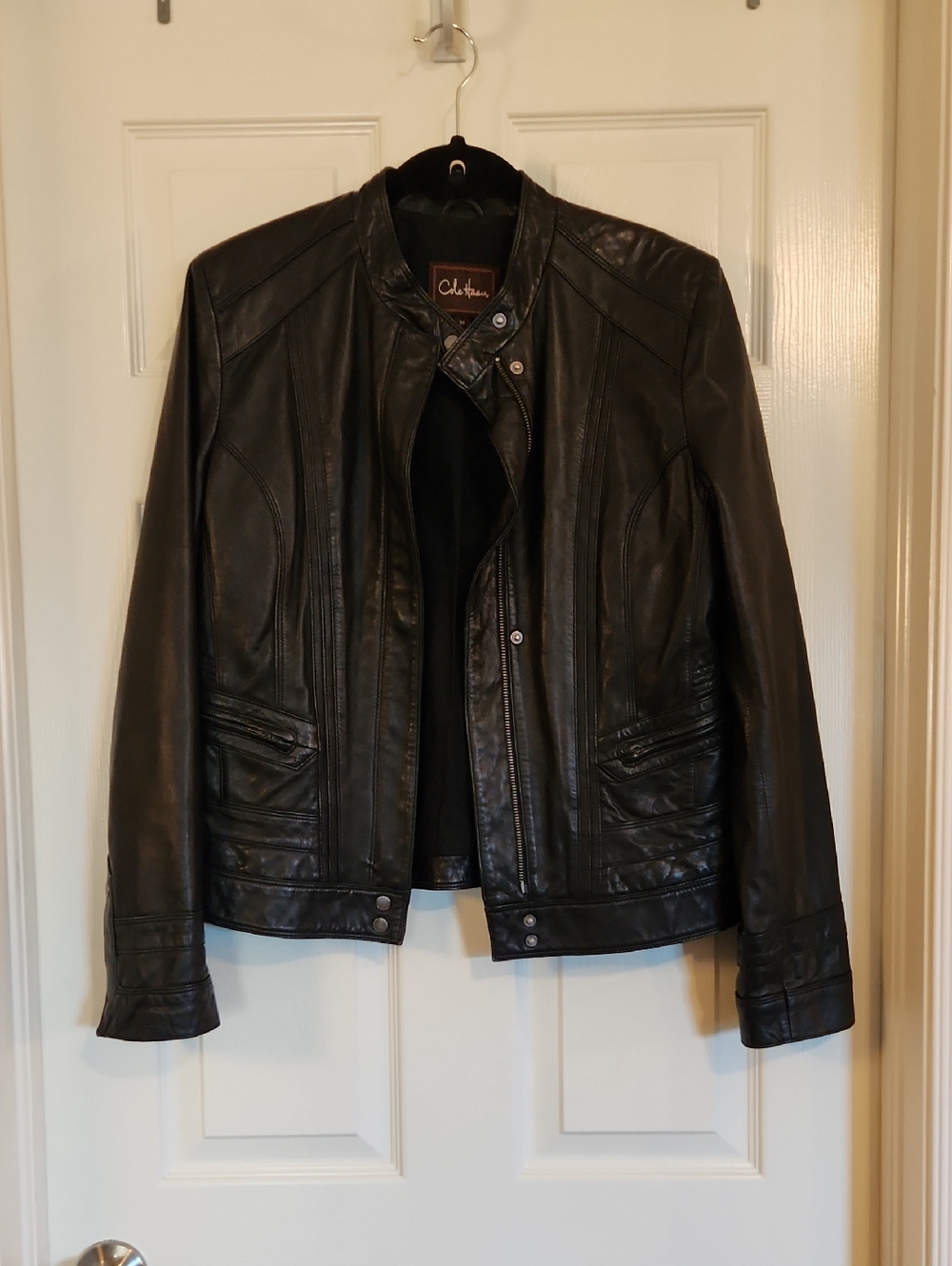 Cole Haan Black Leather Banded-Collar Moto Jacket